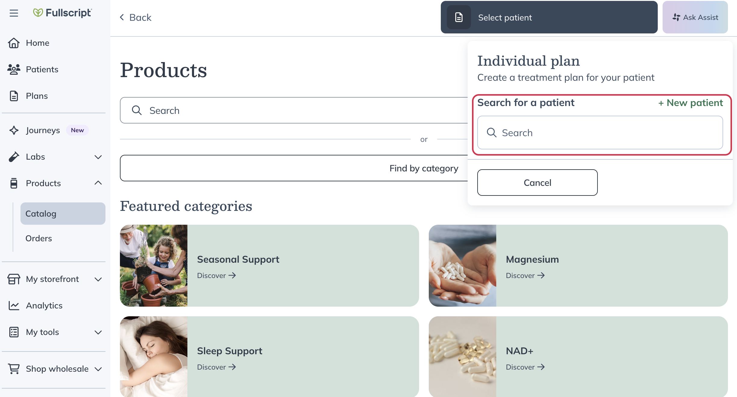 The plan drawer showing options to add a new patient or search for an existing patient.